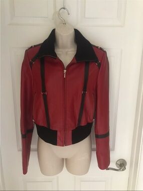 Erez Women's Red Leather Bomber Crops Jacket with black stripes Small